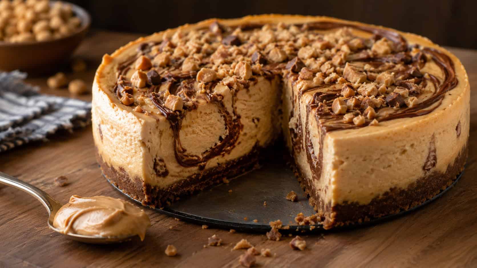 a peanut butter cheesecake with chocolate swirls and toffee topping in a wide horizontal shot, on a wooden board with a peanut butter spoon nearby, warm inviting light, shallow depth of field, landscape orientation