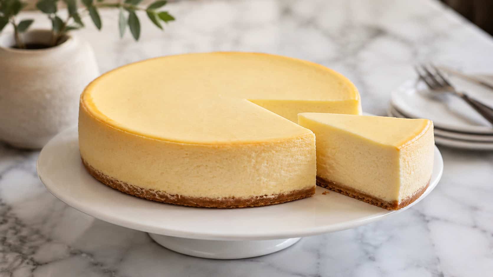 a whole classic New York cheesecake with a creamy smooth top in a wide horizontal shot, one slice cut and pulled aside, set on a white cake stand on a marble counter, natural light, shallow depth of field, landscape orientation