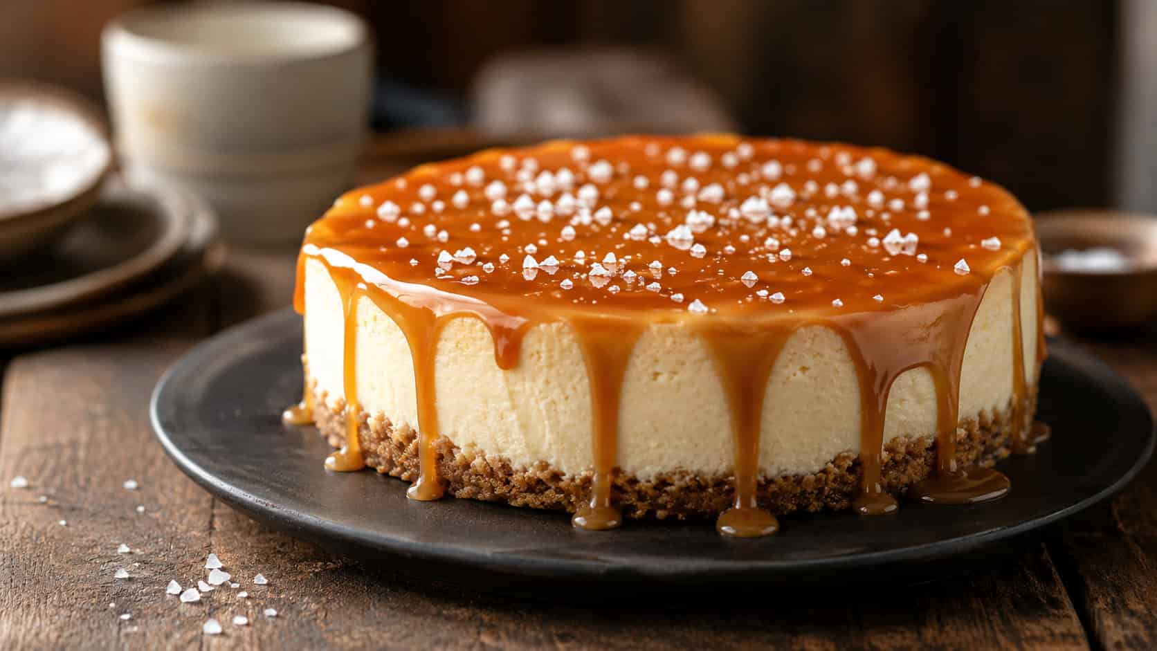 a cheesecake with glossy salted caramel dripping down the sides in a wide horizontal shot, flaky salt on top, set on a dark plate on a rustic table, warm natural light, shallow depth of field, landscape orientation