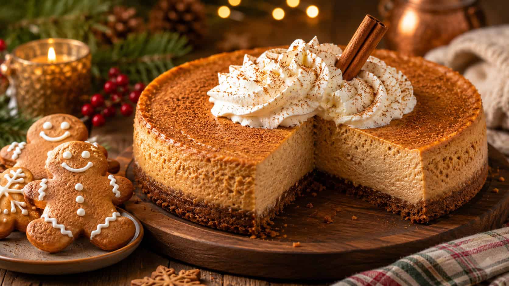 a spiced gingerbread cheesecake topped with whipped cream and a cinnamon stick in a wide horizontal shot, gingerbread cookies beside it, set on a festive wooden table, warm natural light, shallow depth of field, landscape orientation