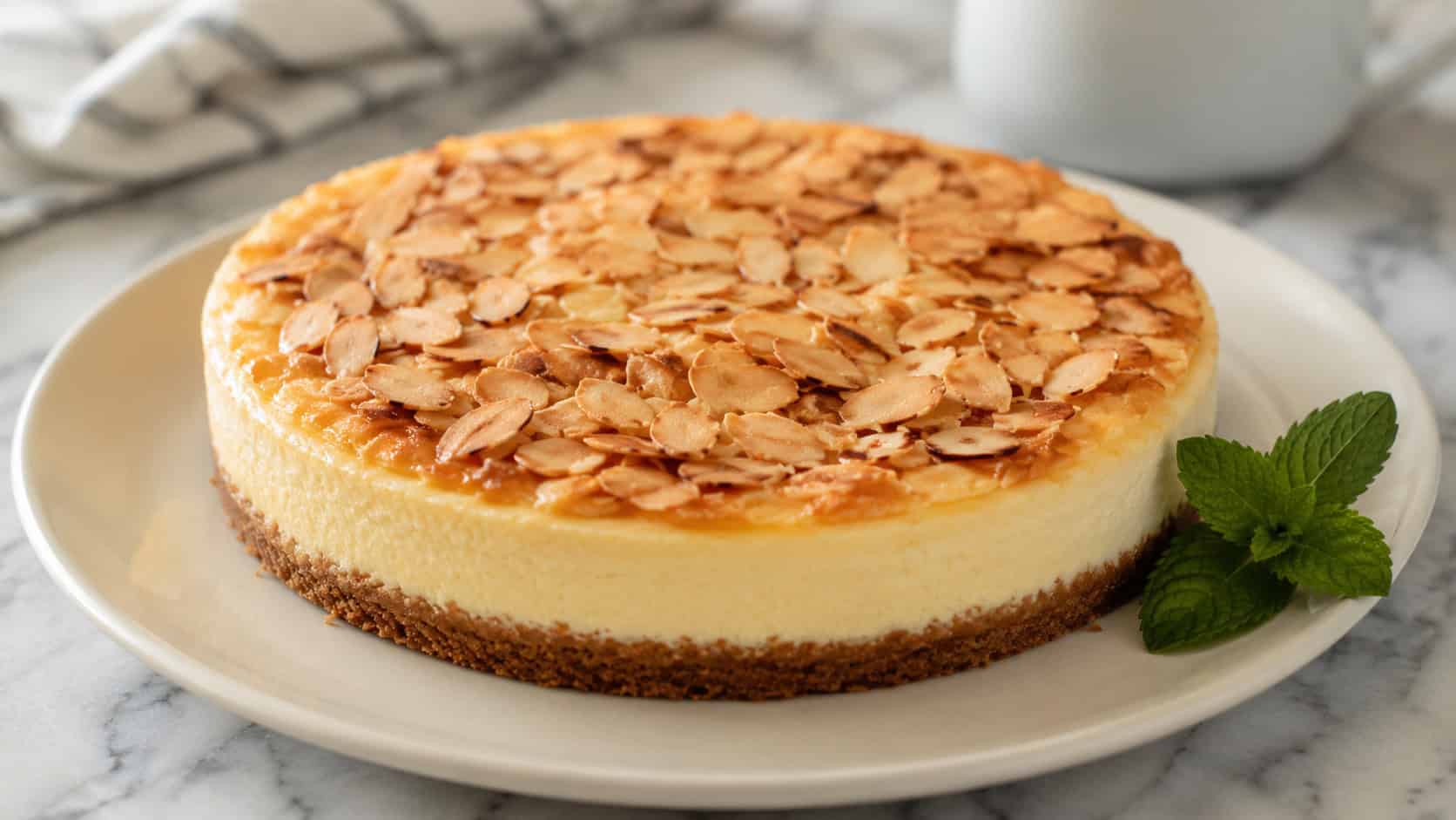 an almond cheesecake topped with toasted sliced almonds in a wide horizontal shot, a sprig of mint on the side, set on a cream plate on a marble counter, soft natural light, shallow depth of field, landscape orientation