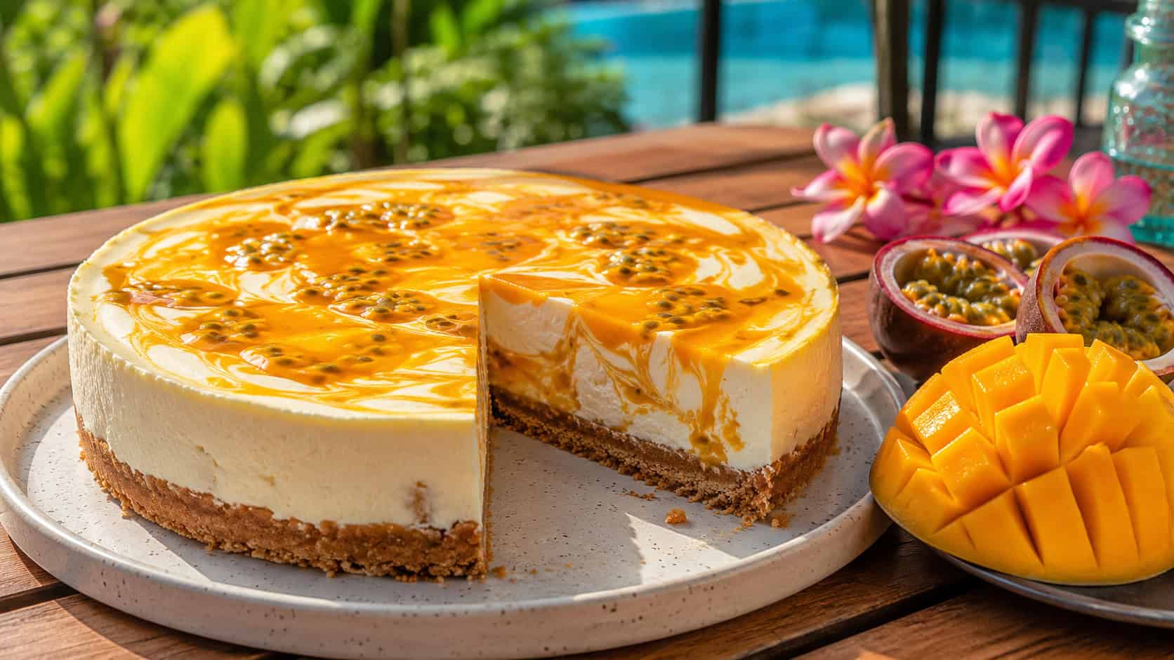 a cheesecake swirled with bright orange mango and passionfruit in a wide horizontal shot, tropical fruit slices beside it, set on a sunny patio table, vivid natural light, shallow depth of field, landscape orientation