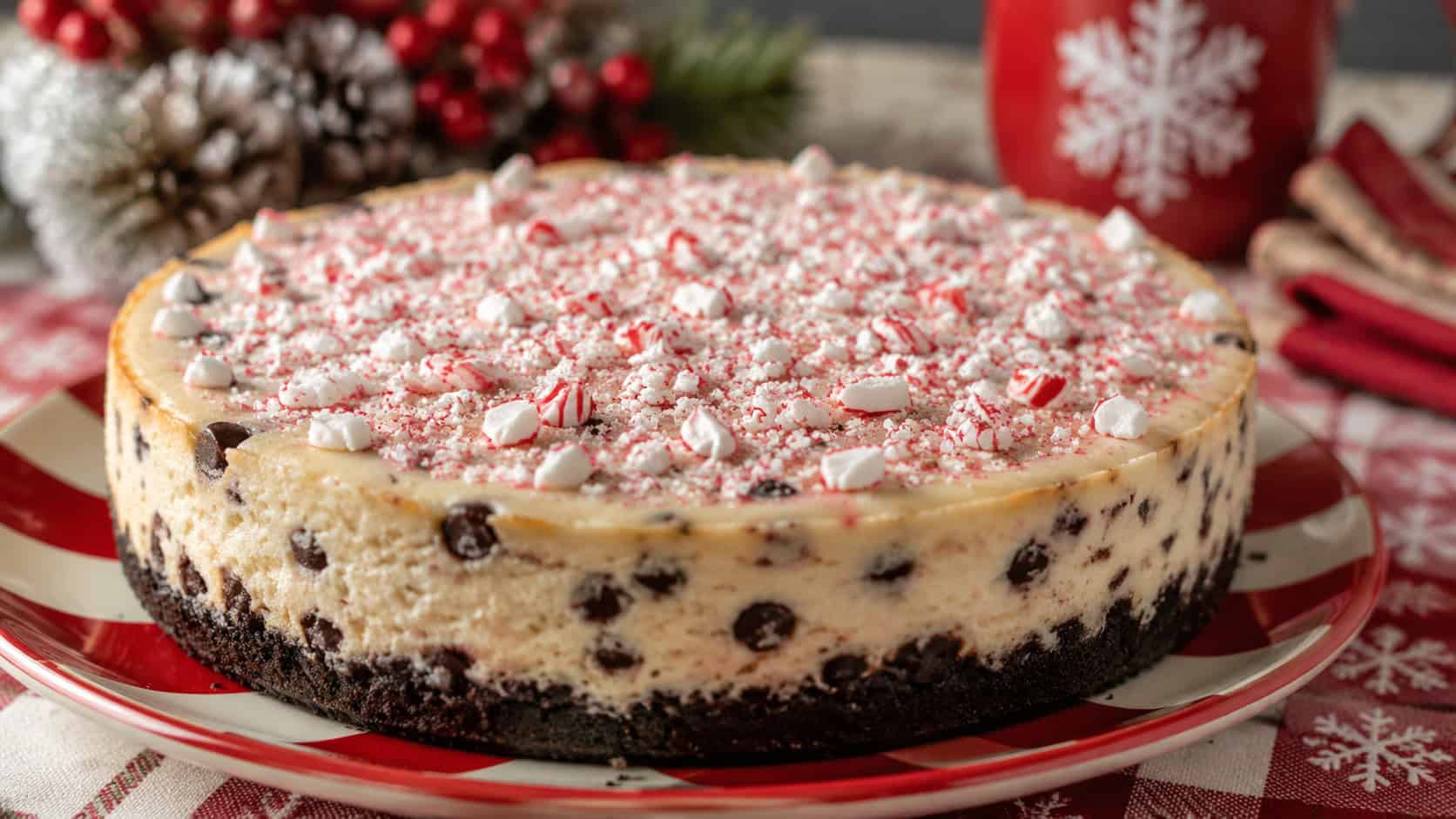 a peppermint chocolate chip cheesecake topped with crushed candy cane in a wide horizontal shot, set on a red and white plate on a festive table, soft natural light, shallow depth of field, landscape orientation