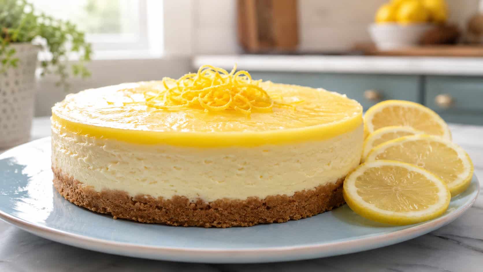a bright lemon cheesecake topped with curls of lemon zest in a wide horizontal shot, lemon slices beside it, set on a pale blue plate in a sunny kitchen, natural light, shallow depth of field, landscape orientation