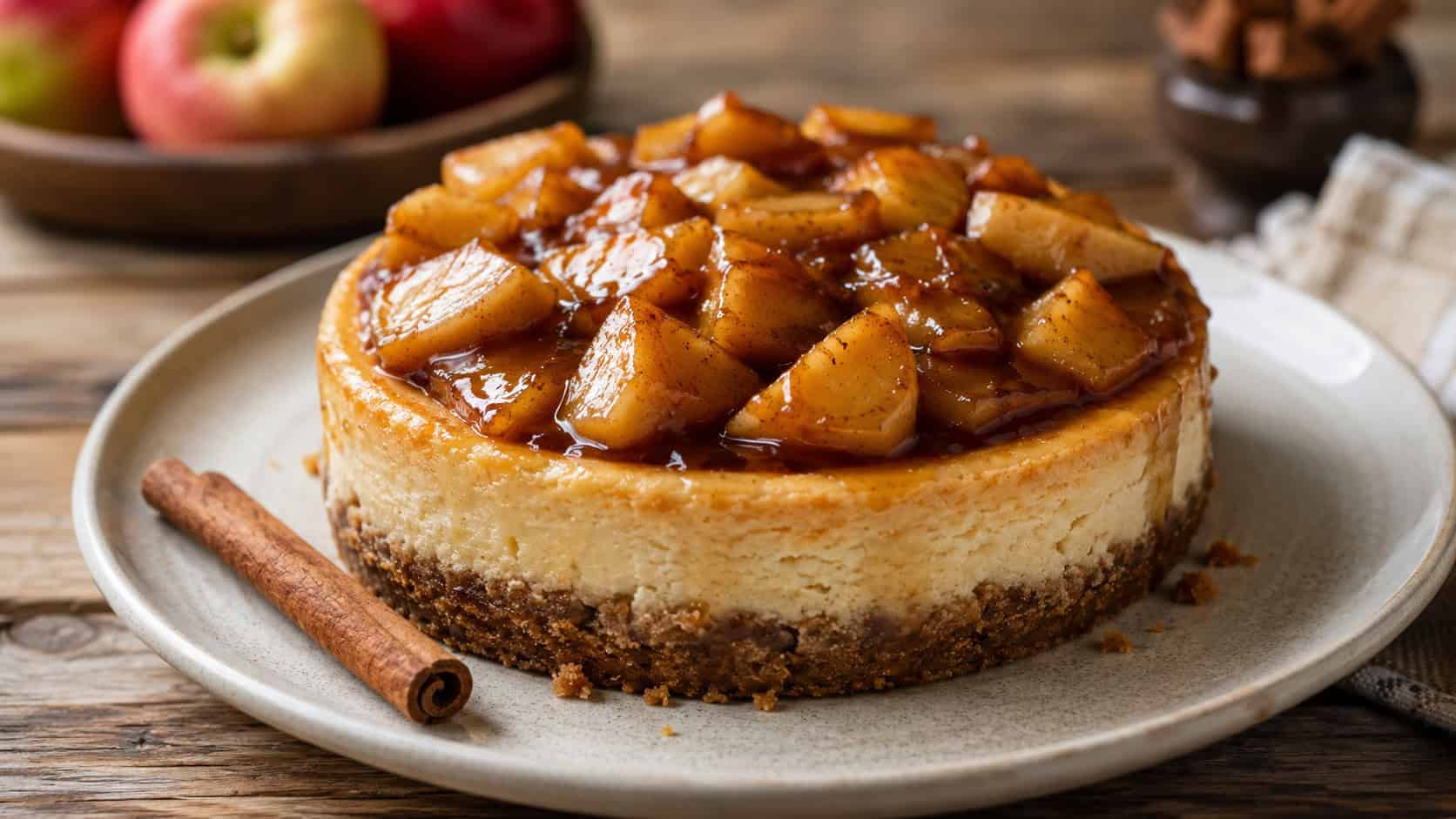 a cheesecake topped with glossy cinnamon-spiced apples in a wide horizontal shot, a cinnamon stick on the plate, set on a rustic wooden table, warm natural light, shallow depth of field, landscape orientation