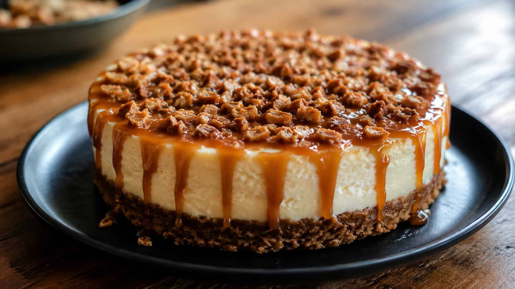 a cheesecake topped with crunchy toffee bits and caramel drizzle in a wide horizontal shot, set on a dark plate on a wooden table, warm natural light, shallow depth of field, landscape orientation