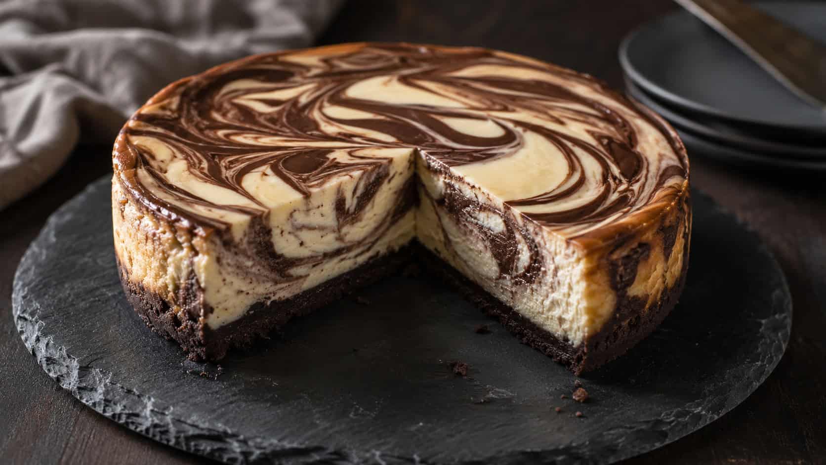 a chocolate-swirled cheesecake with a marbled top in a wide horizontal shot, a slice removed to show the layers, set on a dark slate board, moody natural light, shallow depth of field, landscape orientation