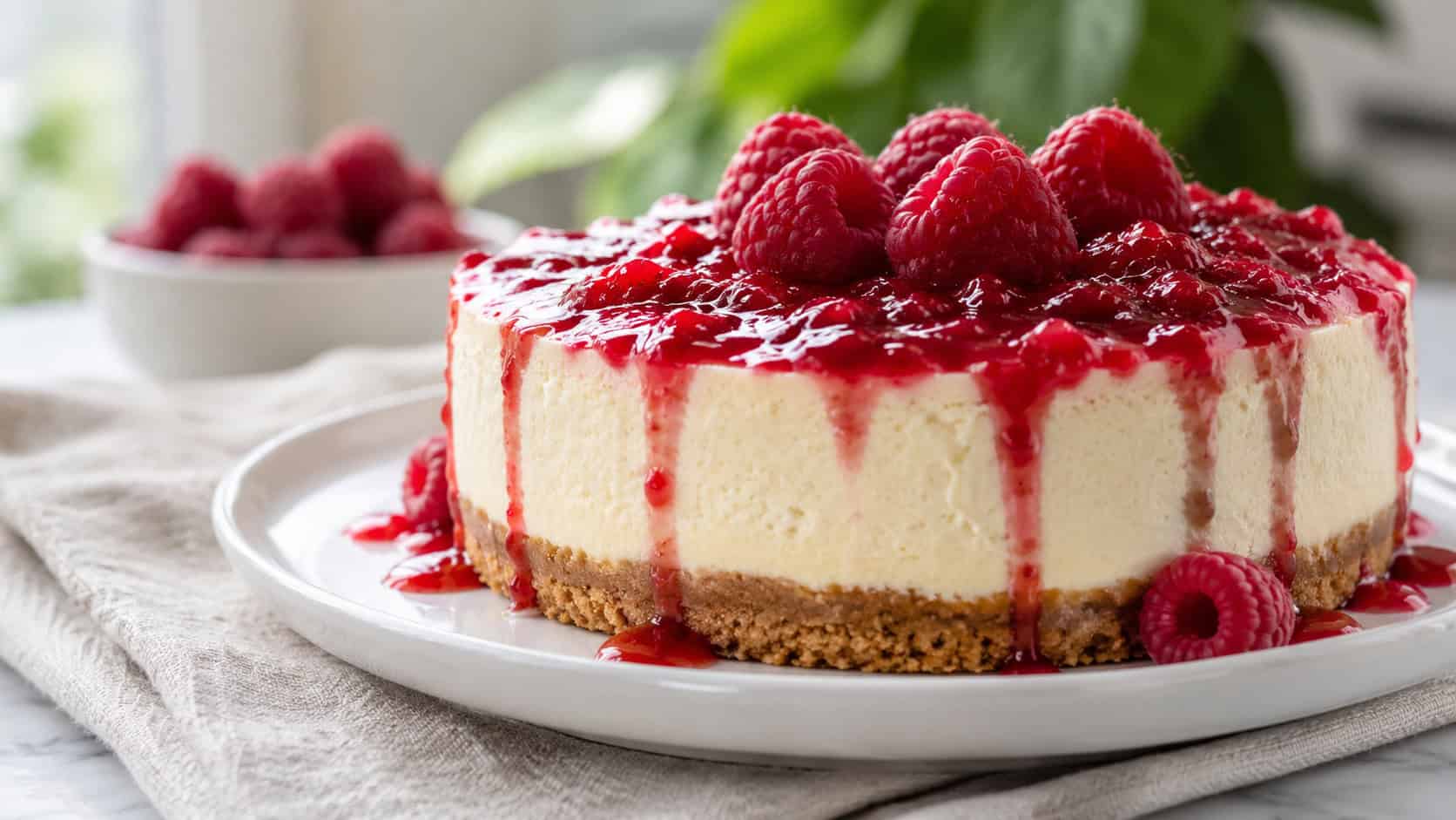 a creamy cheesecake topped with glossy red raspberry sauce and fresh berries in a wide horizontal shot, set on a white plate with a linen napkin, bright natural light, shallow depth of field, landscape orientation