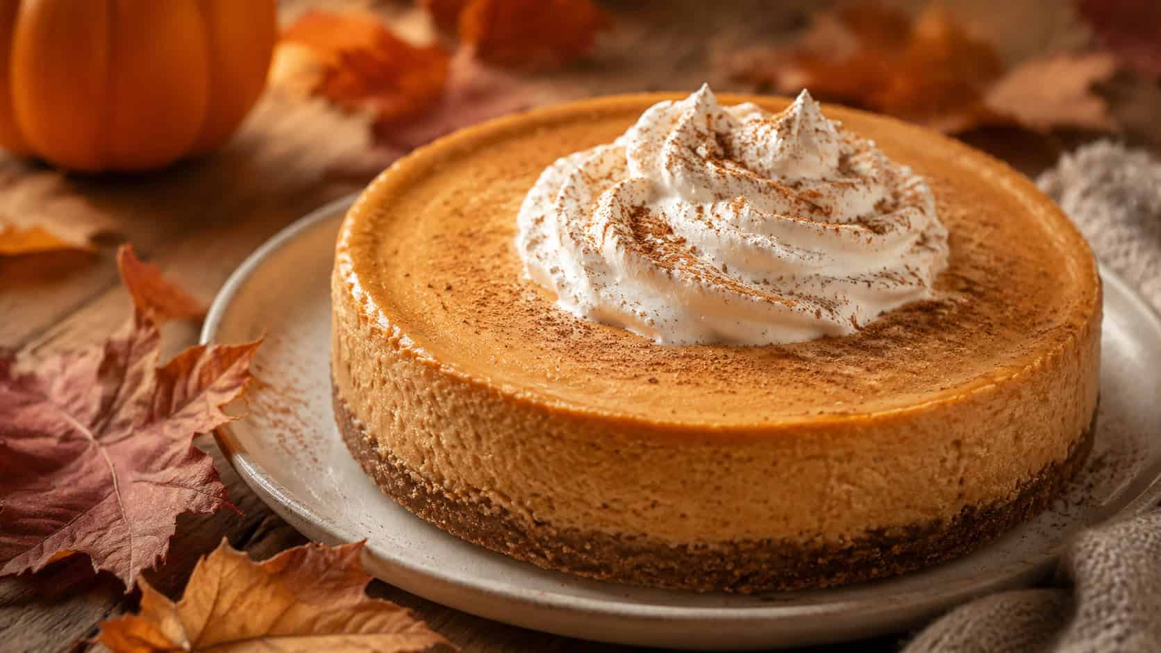a warm orange pumpkin cheesecake topped with whipped cream and cinnamon in a wide horizontal shot, autumn leaves around the plate, set on a rustic wooden table, warm natural light, shallow depth of field, landscape orientation