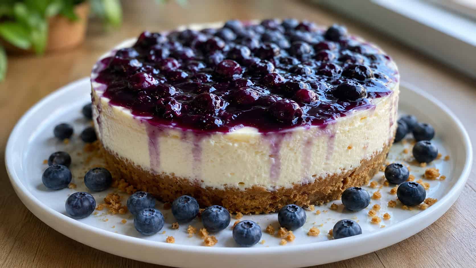 a creamy cheesecake topped with glossy purple blueberry compote in a wide horizontal shot, fresh blueberries scattered around, set on a white plate on a light wood table, natural light, shallow depth of field, landscape orientation