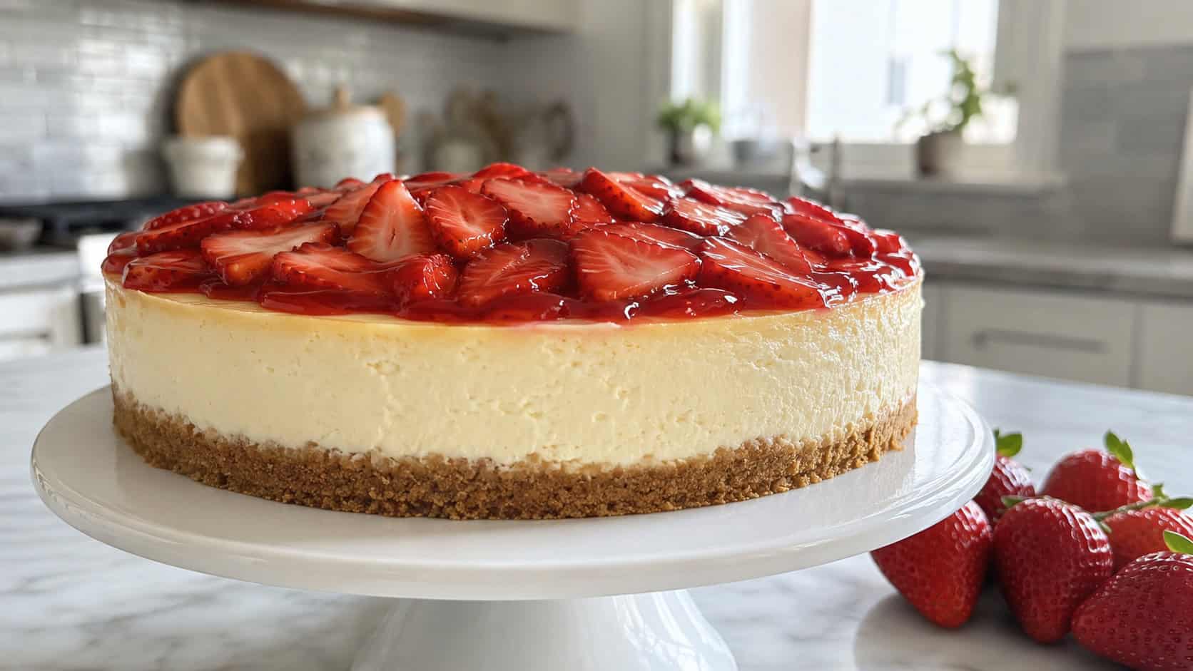 a cheesecake topped with glossy sliced strawberries in a wide horizontal shot, a few whole berries on the side, set on a white cake stand in a bright kitchen, natural light, shallow depth of field, landscape orientation