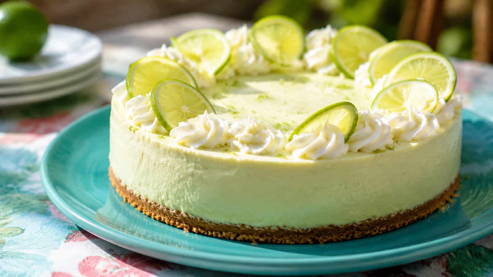 a pale green key lime cheesecake topped with whipped cream and lime wheels in a wide horizontal shot, set on a turquoise plate on a sunny table, bright natural light, shallow depth of field, landscape orientation