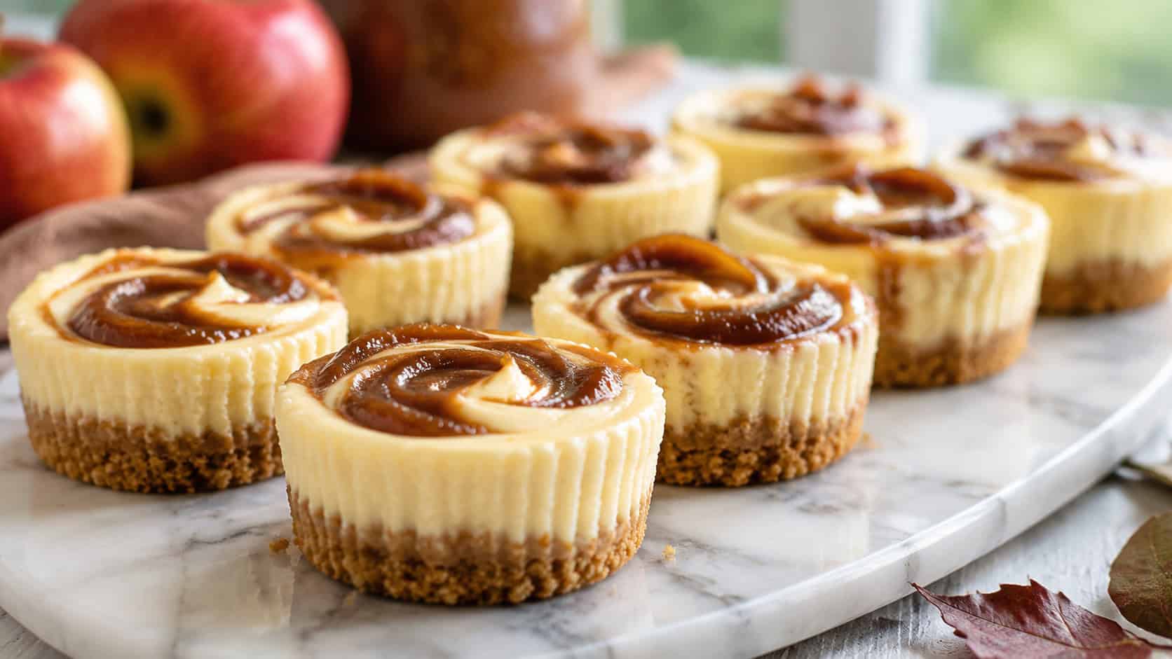 mini cheesecakes with dark apple butter swirls on top, in a wide horizontal shot on a marble platter, natural light, shallow depth of field, landscape orientation