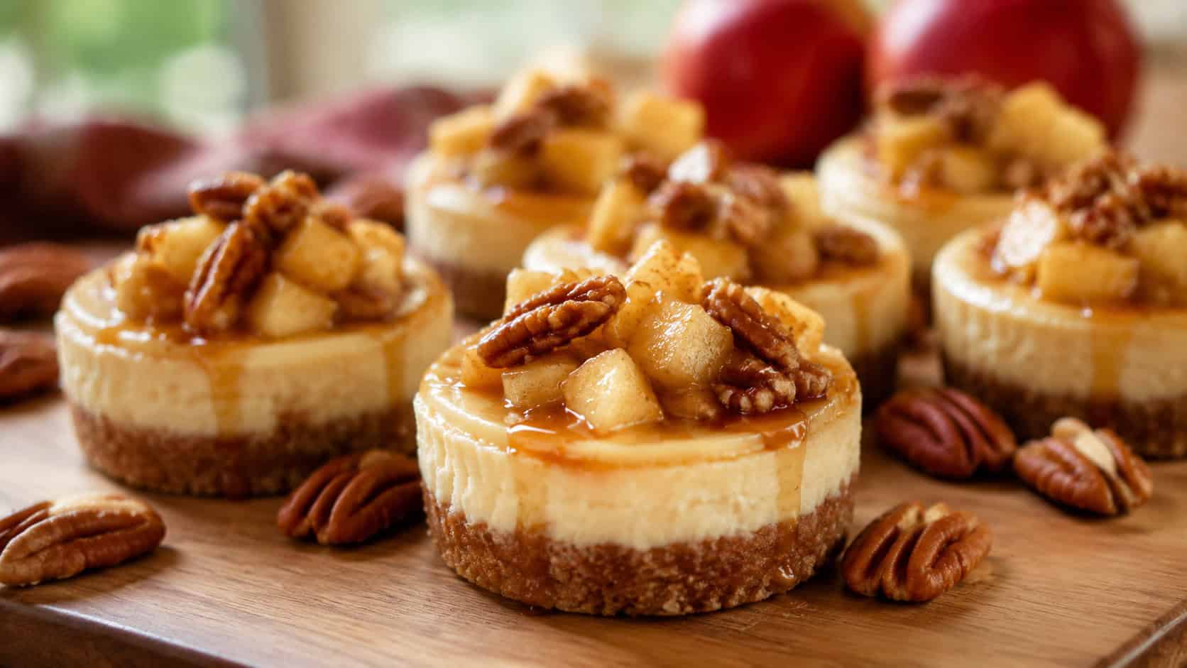 mini cheesecakes topped with apples and candied pecans, in a wide horizontal shot on a wooden board with whole pecans, natural light, shallow depth of field, landscape orientation