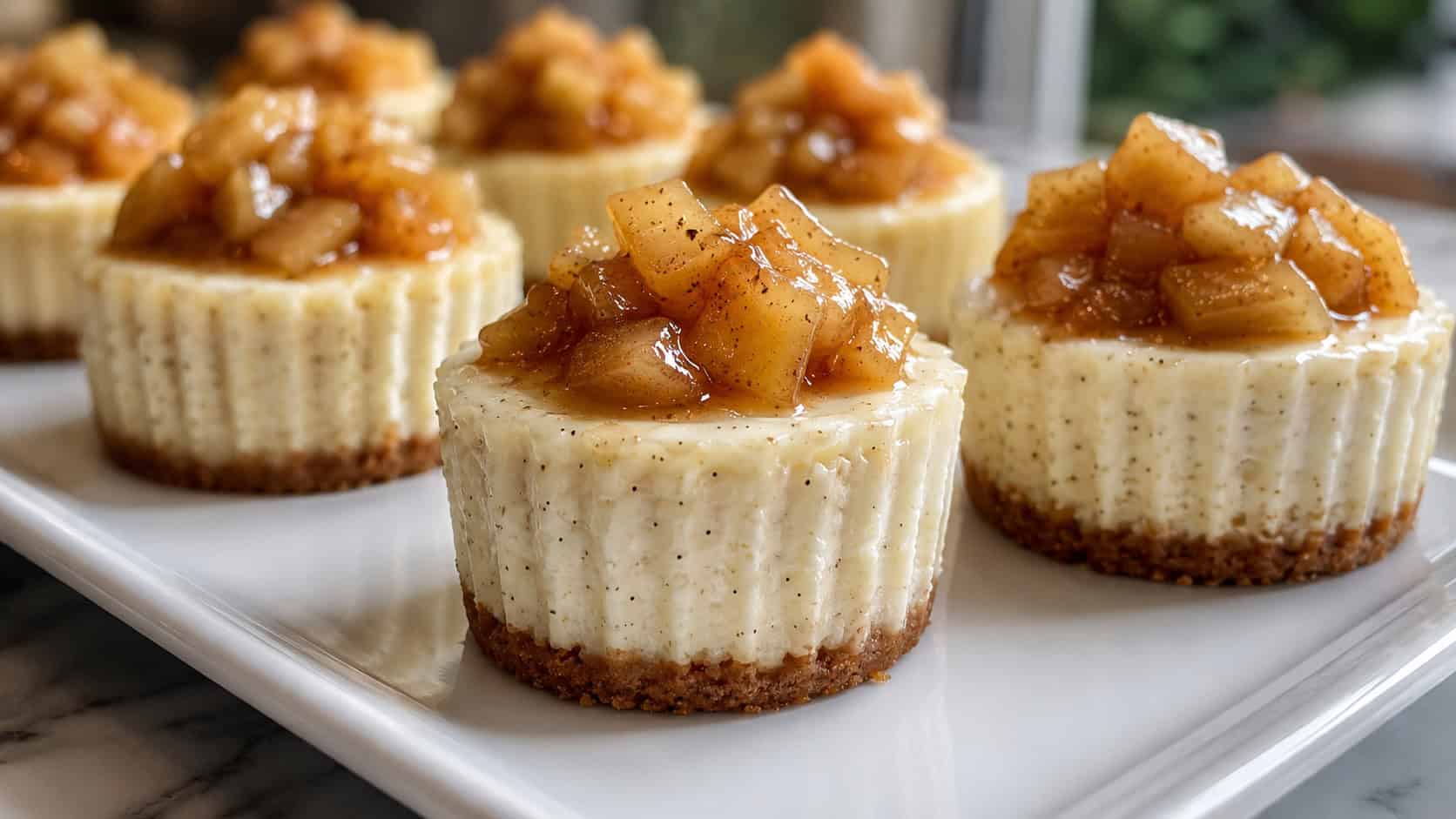 creamy vanilla bean mini cheesecakes flecked with vanilla and topped with apples, in a wide horizontal shot on a white plate, natural light, shallow depth of field, landscape orientation