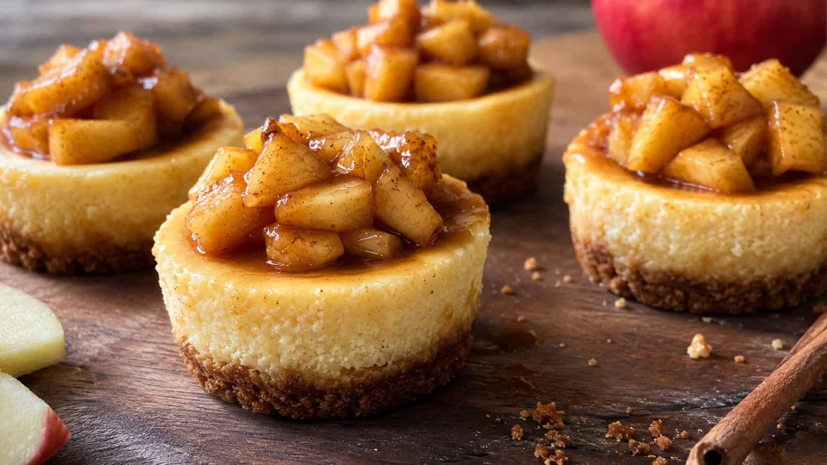 golden brown sugar cheesecakes topped with soft cinnamon apples, in a wide horizontal shot on a rustic wooden board, natural light, shallow depth of field, landscape orientation