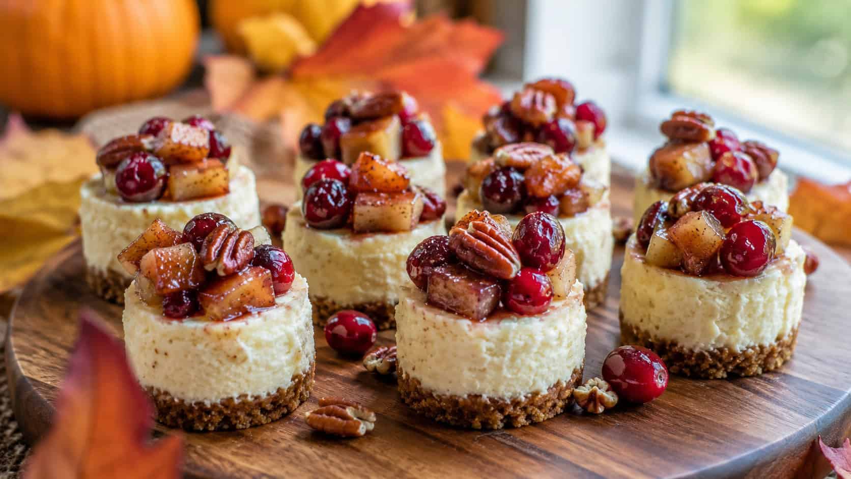 festive mini cheesecake bites topped with spiced apples, red cranberries, and pecans, in a wide horizontal shot on a wooden platter with autumn leaves, natural light, shallow depth of field, landscape orientation