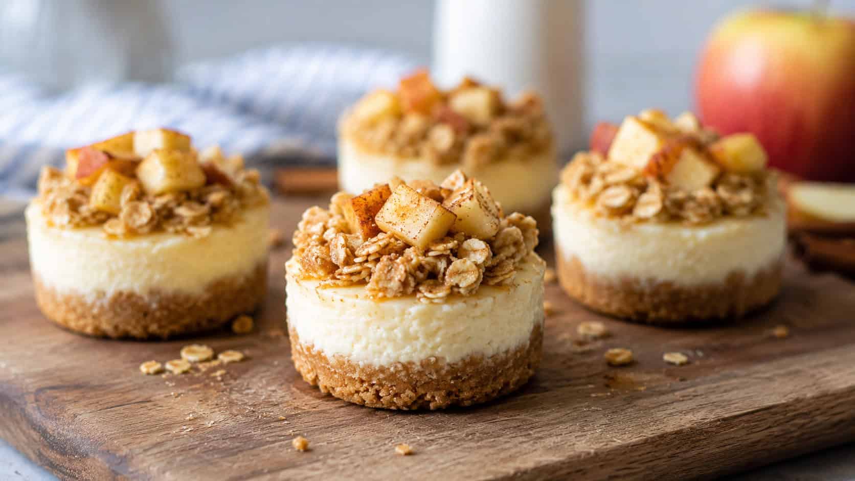 mini cheesecakes topped with golden oat crumble and diced apples, in a wide horizontal shot on a rustic wooden board, natural light, shallow depth of field, landscape orientation