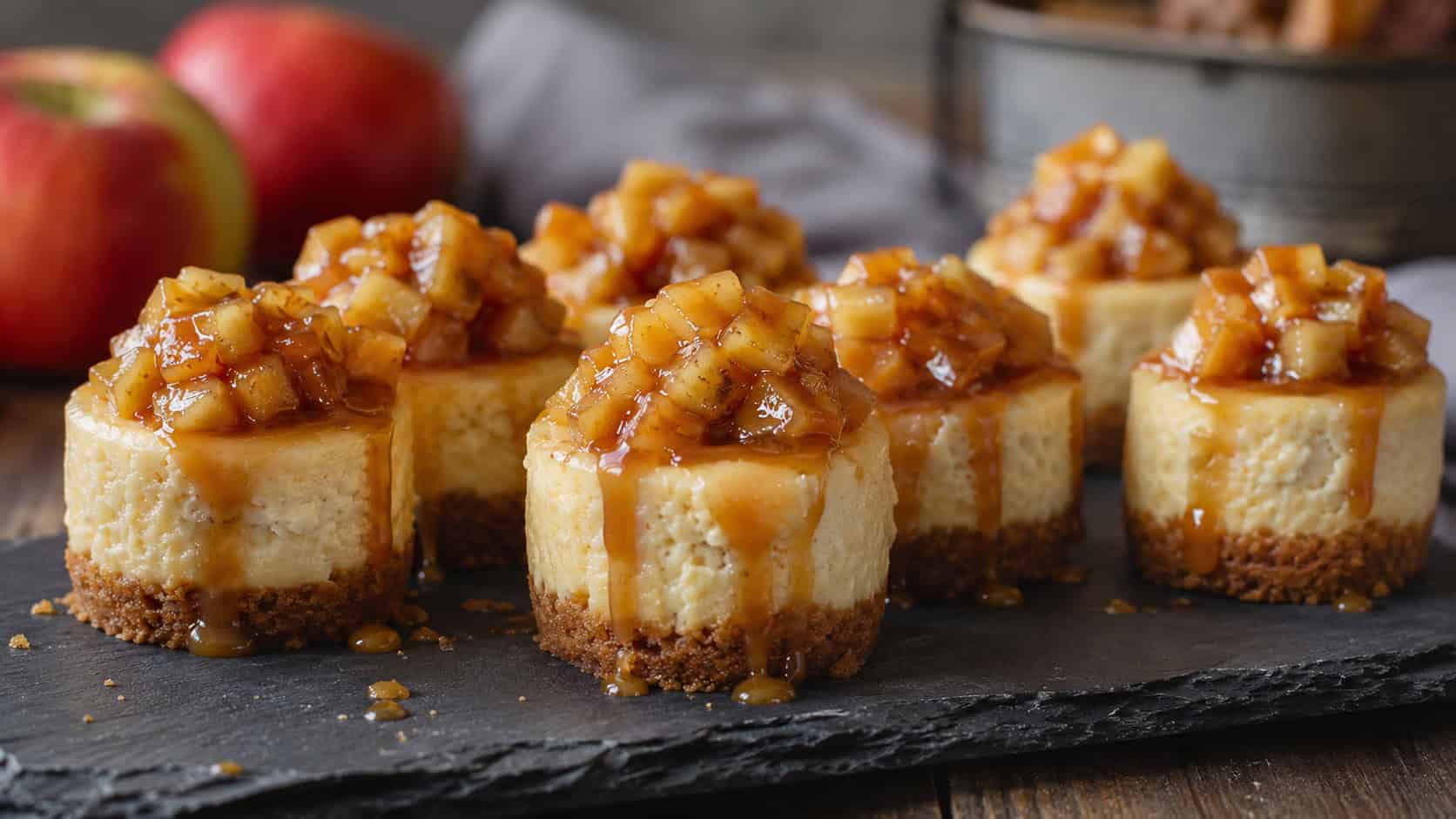 mini cheesecakes piled with apples and dripping caramel, in a wide horizontal shot on a dark slate board, natural light, shallow depth of field, landscape orientation
