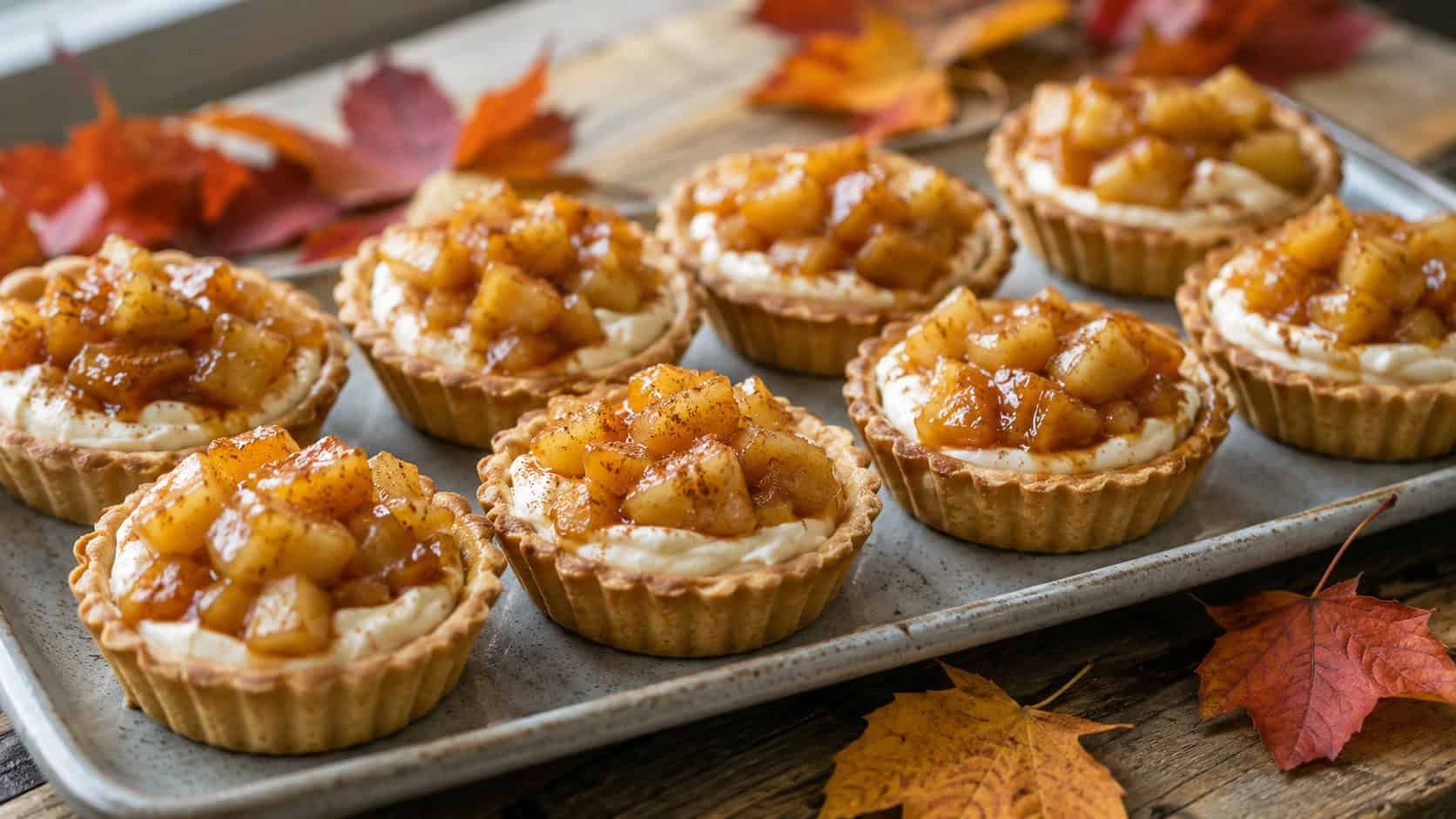 golden tart shells filled with spiced cheesecake and glazed apples, in a wide horizontal shot on a ceramic platter with autumn leaves, natural light, shallow depth of field, landscape orientation