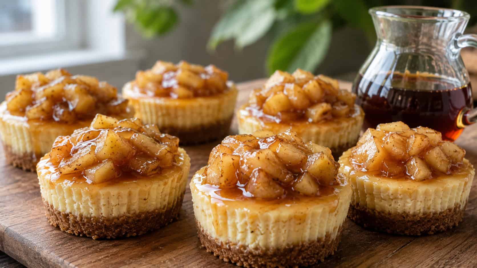 mini cheesecakes topped with glossy maple-glazed apples, in a wide horizontal shot on a wooden board with a small jug of syrup, natural light, shallow depth of field, landscape orientation