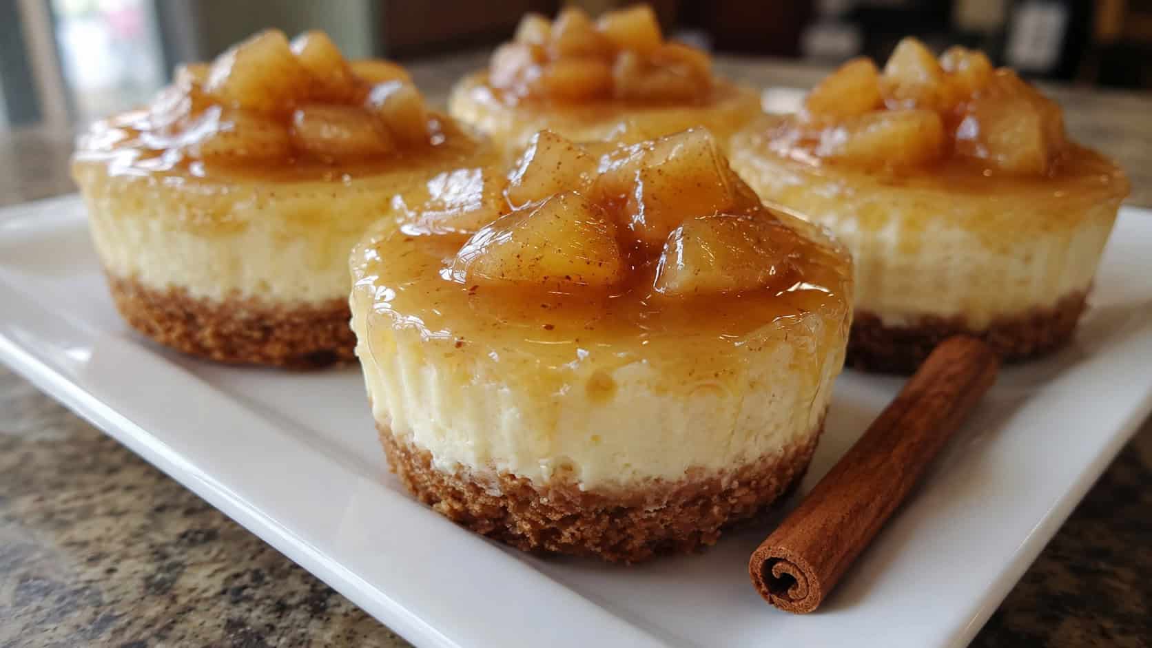 mini cheesecakes topped with glossy apple pie filling, in a wide horizontal shot on a white plate with a cinnamon stick, natural light, shallow depth of field, landscape orientation