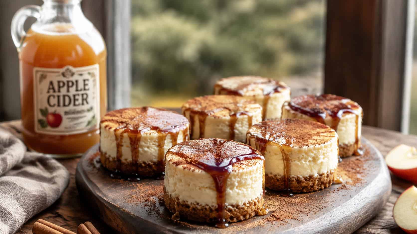 mini cheesecakes drizzled with dark cider syrup and dusted with cinnamon, in a wide horizontal shot on a rustic board with cider jug nearby, natural light, shallow depth of field, landscape orientation