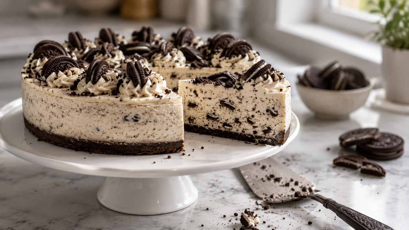 a tall creamy cookies and cream cheesecake on a white cake stand in a wide horizontal shot, one slice pulled forward to show the speckled cookie filling, scattered cookie crumbs and a cake server on a marble counter, soft natural window light, shallow depth of field, landscape orientation