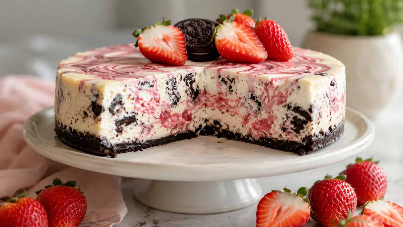 a cookies and cream cheesecake with pink strawberry swirls on a wide ceramic stand in a horizontal shot, a slice showing dark cookie pieces and rosy ribbons, fresh strawberries scattered around the base on a light table, soft natural light, shallow depth of field, landscape orientation