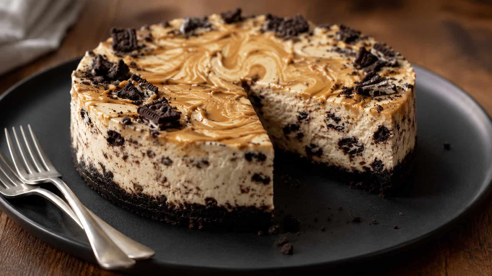 a cookies and cream cheesecake with golden peanut butter swirls on a wide dark plate in a horizontal shot, a slice revealing dark cookie pieces throughout, a drizzle of peanut butter and dessert forks nearby on a warm wood table, cozy natural light, shallow depth of field, landscape orientation