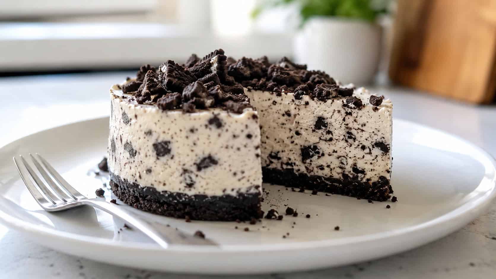 a small round cookies and cream cheesecake on a wide white plate in a horizontal shot, a smooth creamy slice flecked with dark cookie pieces, crushed cookies dusted on top and a fork beside it on a clean counter, bright natural light, shallow depth of field, landscape orientation