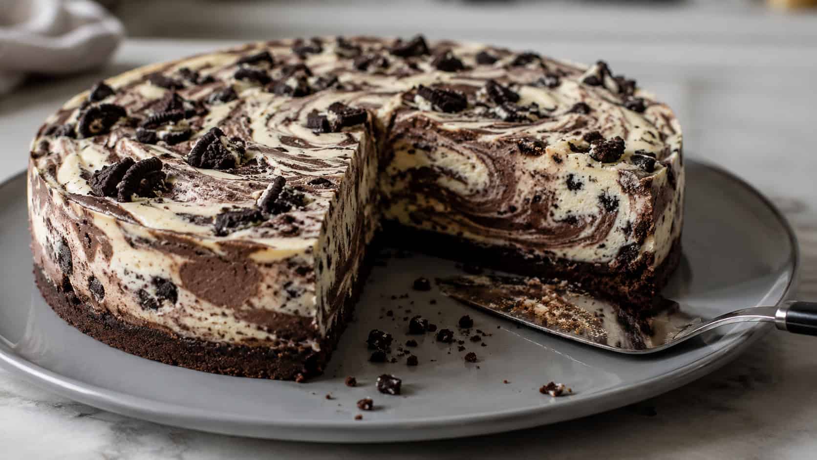 a marbled cookies and cream cheesecake on a wide gray platter in a horizontal shot, a slice showing swirled cream and chocolate batter with dark cookie pieces, a cake server and crumbs nearby on a soft-lit counter, natural light, shallow depth of field, landscape orientation
