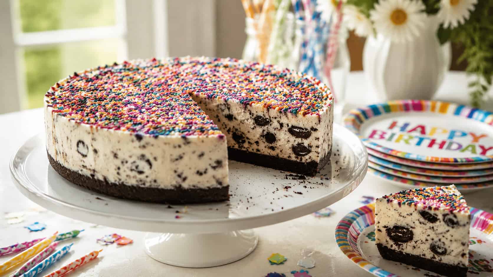 a festive cookies and cream cheesecake covered in rainbow sprinkles on a wide white cake stand in a horizontal shot, a colorful slice showing dark cookie pieces, party plates and candles nearby on a bright table, cheerful natural light, shallow depth of field, landscape orientation