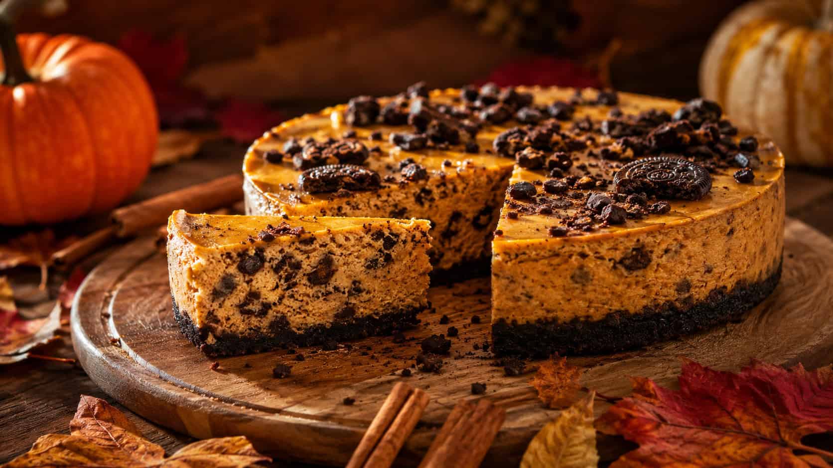 a warm orange pumpkin cookies and cream cheesecake on a wide rustic board in a horizontal shot, a spiced slice flecked with dark cookie pieces, cinnamon sticks and autumn leaves scattered nearby on a cozy wood table, golden natural light, shallow depth of field, landscape orientation