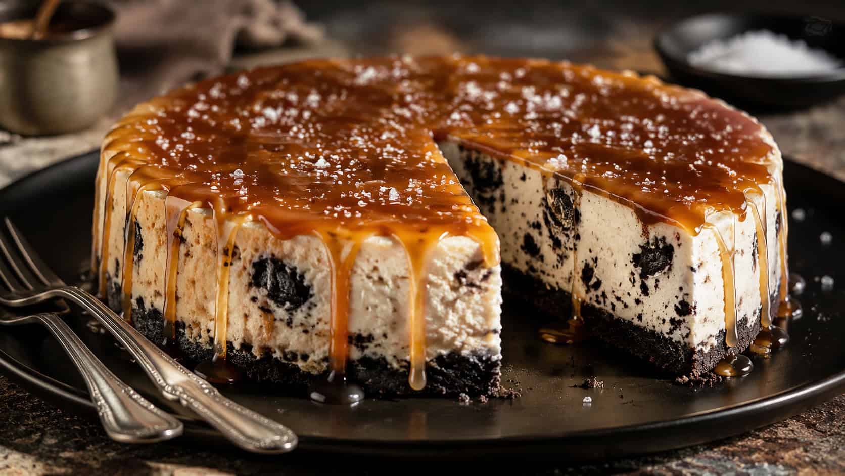 a cookies and cream cheesecake dripping with golden salted caramel on a wide dark platter in a horizontal shot, a slice showing dark cookie pieces and a glossy caramel top, flaky salt and dessert forks nearby on a moody counter, warm natural light, shallow depth of field, landscape orientation