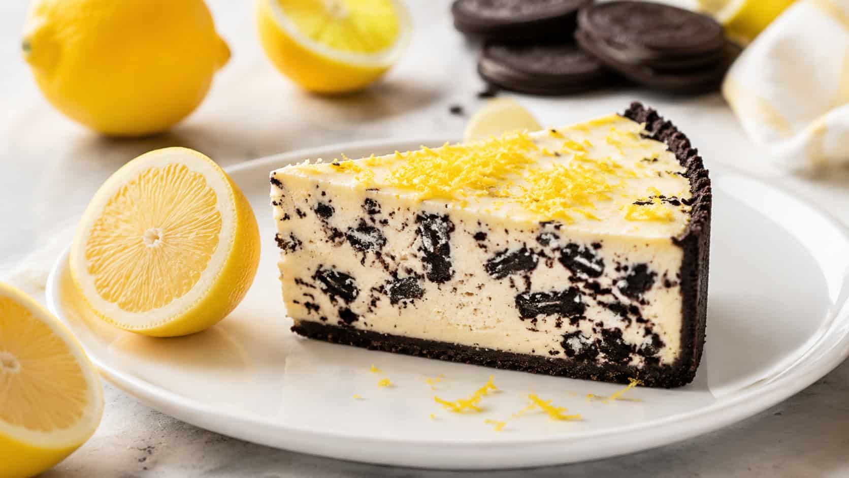 a bright lemon cookies and cream cheesecake on a wide white plate in a horizontal shot, a sunny slice flecked with dark cookie pieces and topped with lemon zest, fresh lemon halves scattered around on a crisp light table, fresh natural light, shallow depth of field, landscape orientation