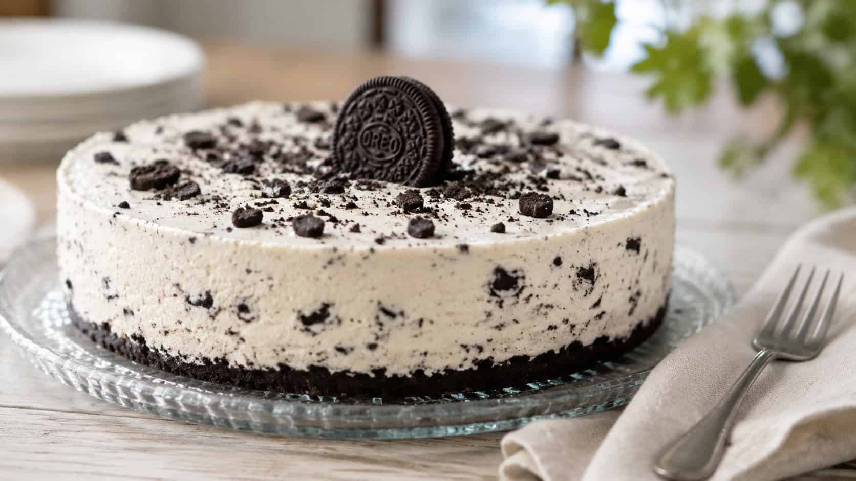 a no-bake cookies and cream cheesecake on a glass plate in a wide horizontal shot, soft pale filling flecked with dark cookie pieces and a cookie standing in the center, a fork and linen napkin alongside on a light wood table, bright natural light, shallow depth of field, landscape orientation