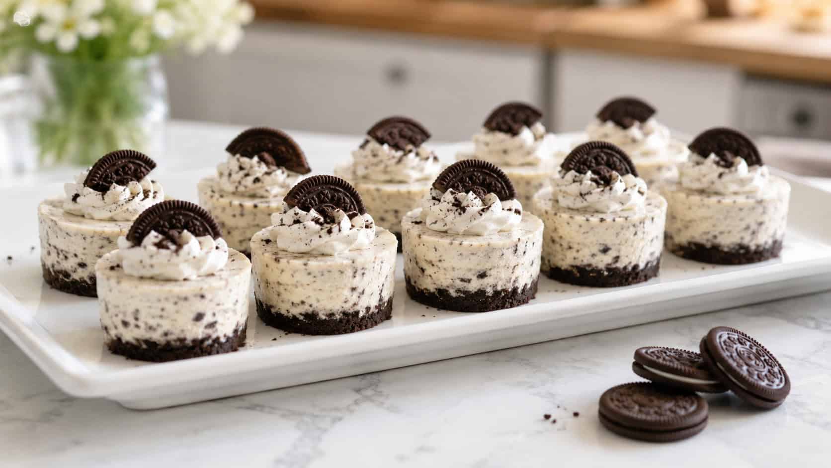 a dozen mini cookies and cream cheesecakes arranged on a wide white platter in a horizontal shot, each topped with a cookie shard, soft cream tops speckled with dark crumbs, a few loose cookies beside the platter on a bright kitchen table, airy natural light, shallow depth of field, landscape orient