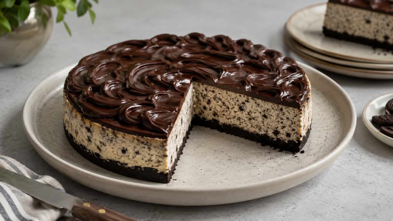 a cookies and cream cheesecake topped with glossy dark chocolate swirls on a wide ceramic platter in a horizontal shot, a clean cut slice showing speckled filling, dessert plates and a knife nearby on a soft gray counter, gentle natural light, shallow depth of field, landscape orientation