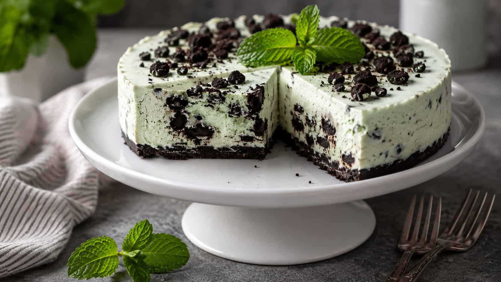 a pale mint-green cookies and cream cheesecake on a wide white cake stand in a horizontal shot, dark cookie pieces visible throughout a slice, fresh mint sprig garnish and dessert forks beside it on a cool gray table, soft natural light, shallow depth of field, landscape orientation