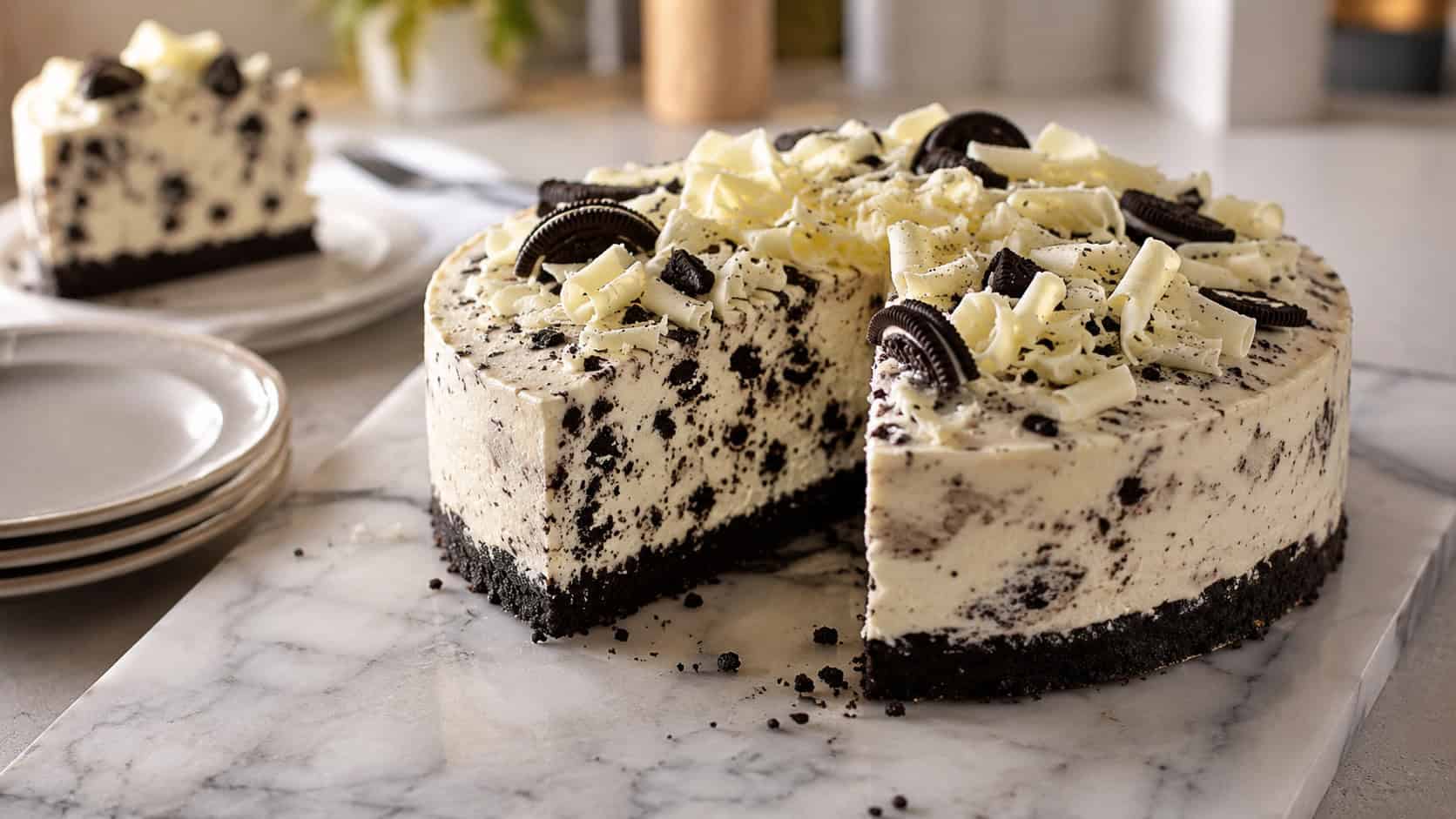 a creamy white chocolate cookies and cream cheesecake on a wide marble slab in a horizontal shot, an ivory slice studded with dark cookie pieces and white chocolate curls on top, dessert plates nearby on a bright counter, warm natural light, shallow depth of field, landscape orientation