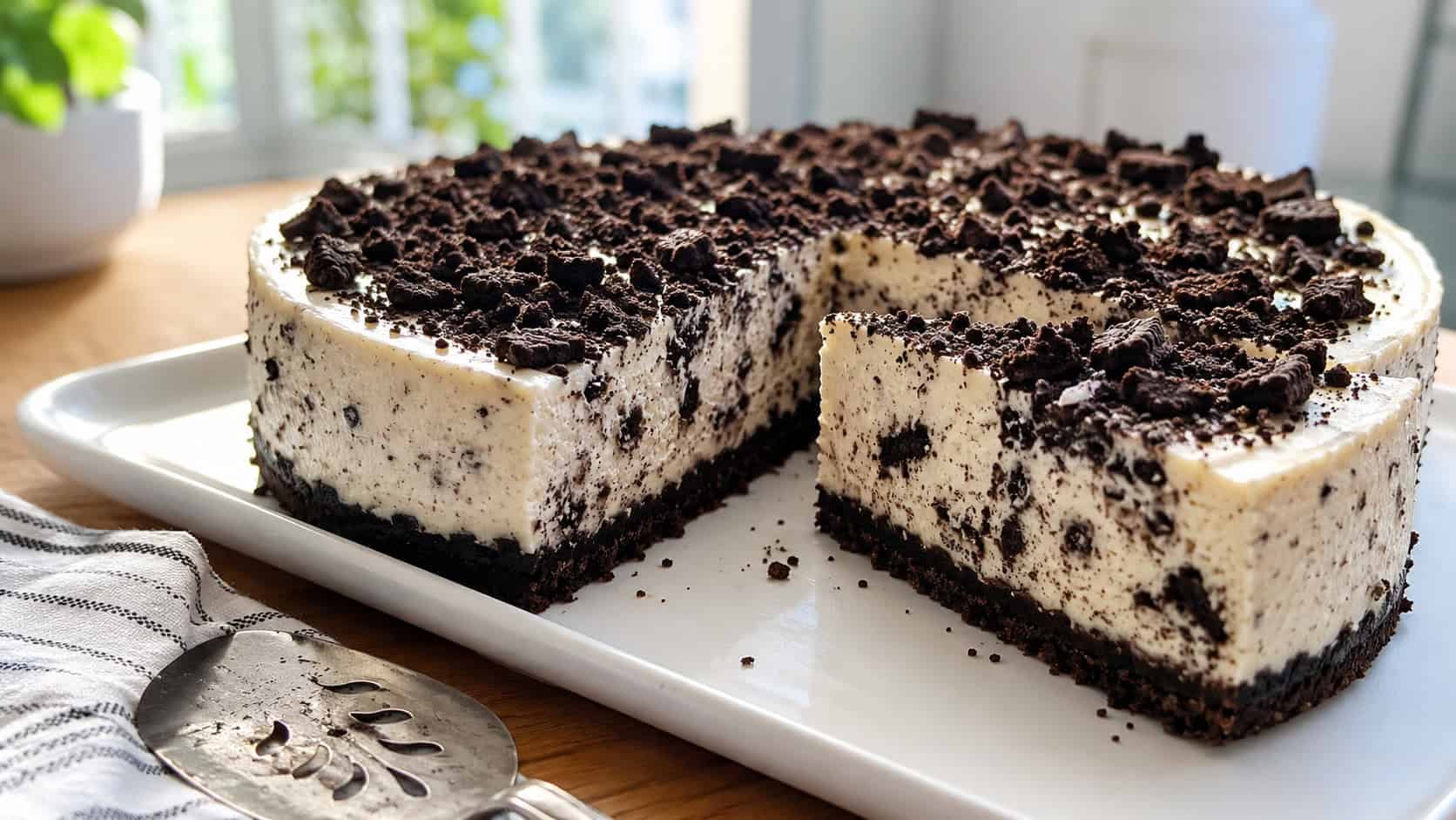 a gluten-free cookies and cream cheesecake on a wide white platter in a horizontal shot, a creamy slice dotted with dark cookie chunks and crumbs on top, a cake server and napkin nearby on a sunny kitchen table, bright natural light, shallow depth of field, landscape orientation