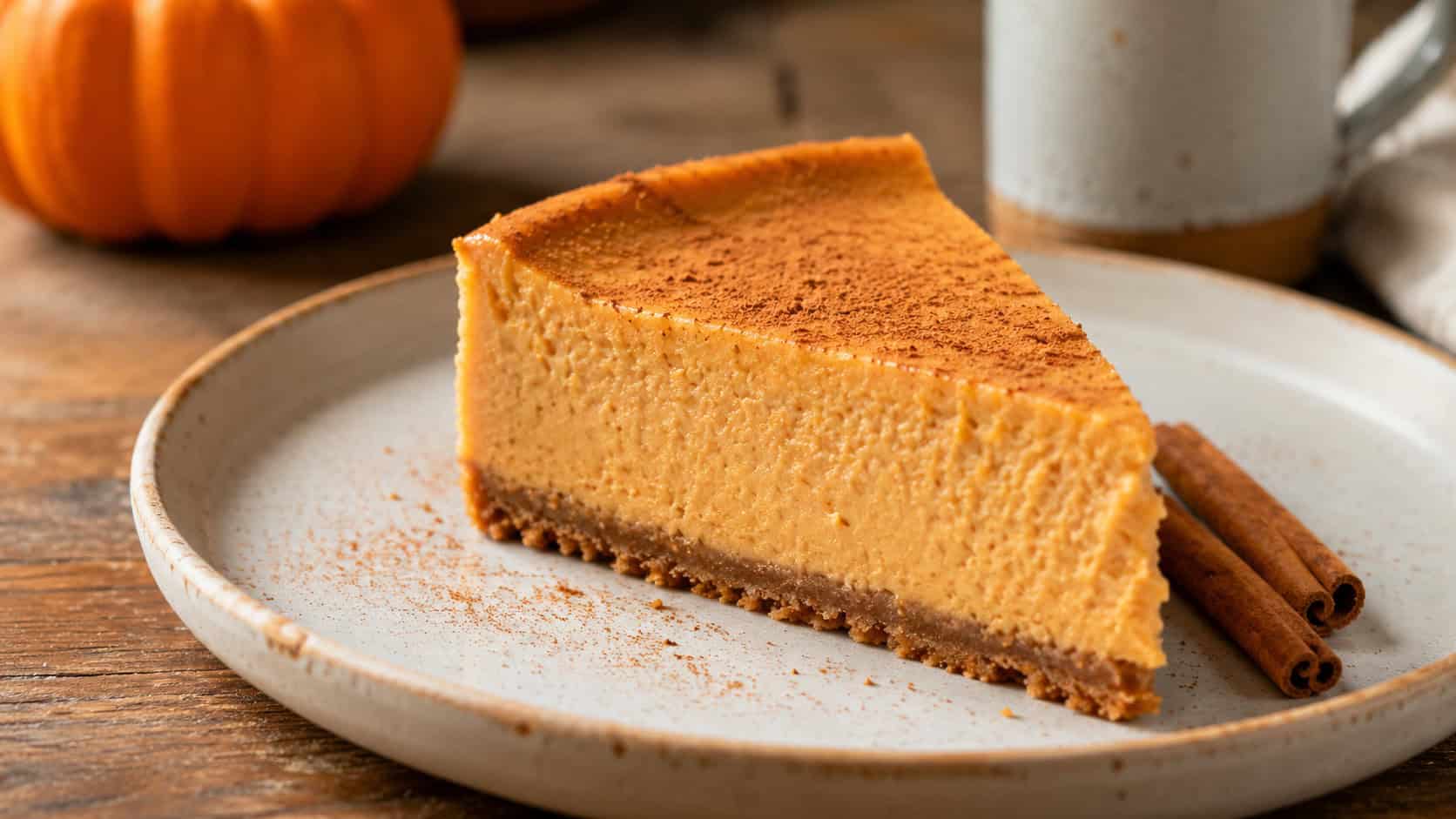 a pumpkin spice cheesecake in a wide horizontal shot, warm orange slice dusted with spice on a graham crust, on a ceramic plate beside cinnamon sticks, on a wooden table, natural light, shallow depth of field, landscape orientation