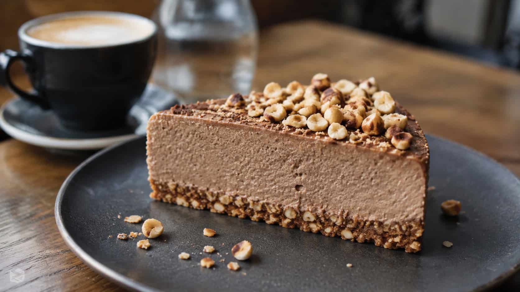 a hazelnut espresso cheesecake in a wide horizontal shot, mocha-toned slice topped with chopped toasted hazelnuts on a nut crust, on a dark plate beside a coffee cup, natural light, shallow depth of field, landscape orientation