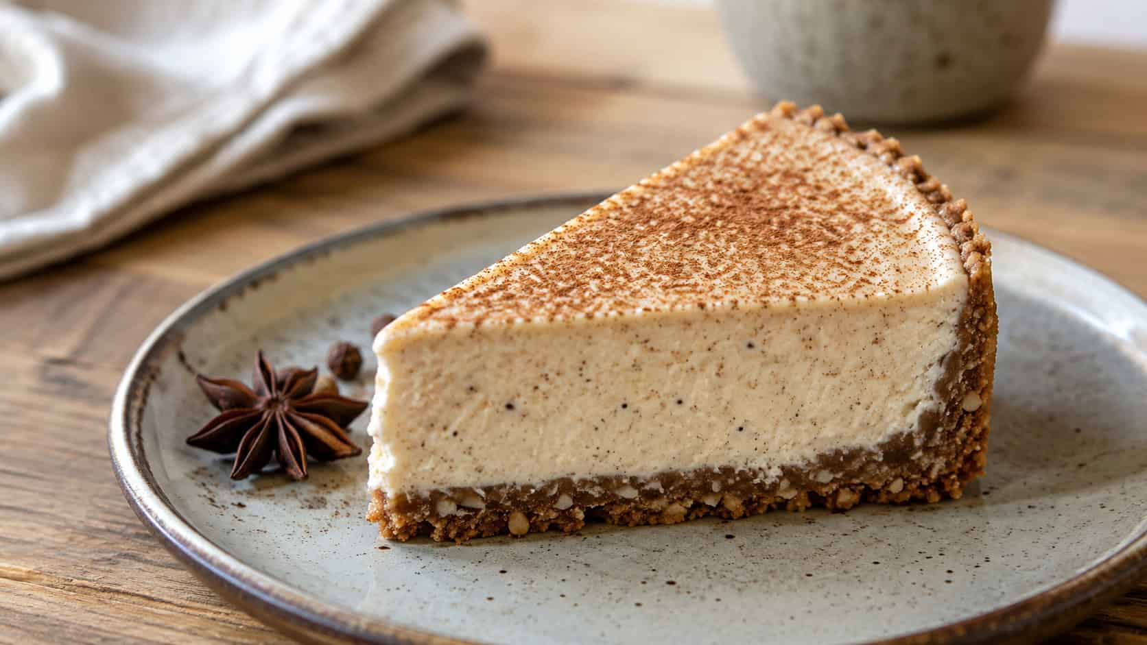 a chai spiced cheesecake in a wide horizontal shot, warm cream-colored slice dusted with cinnamon on a nut crust, on a ceramic plate beside star anise, on a wooden table, natural light, shallow depth of field, landscape orientation
