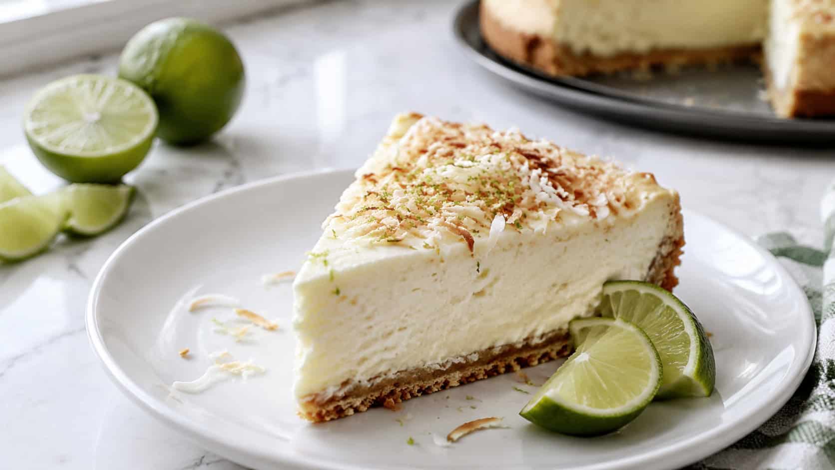 a coconut lime cheesecake in a wide horizontal shot, creamy white slice topped with toasted coconut and lime zest, on a white plate with lime wedges, on a bright counter, natural light, shallow depth of field, landscape orientation