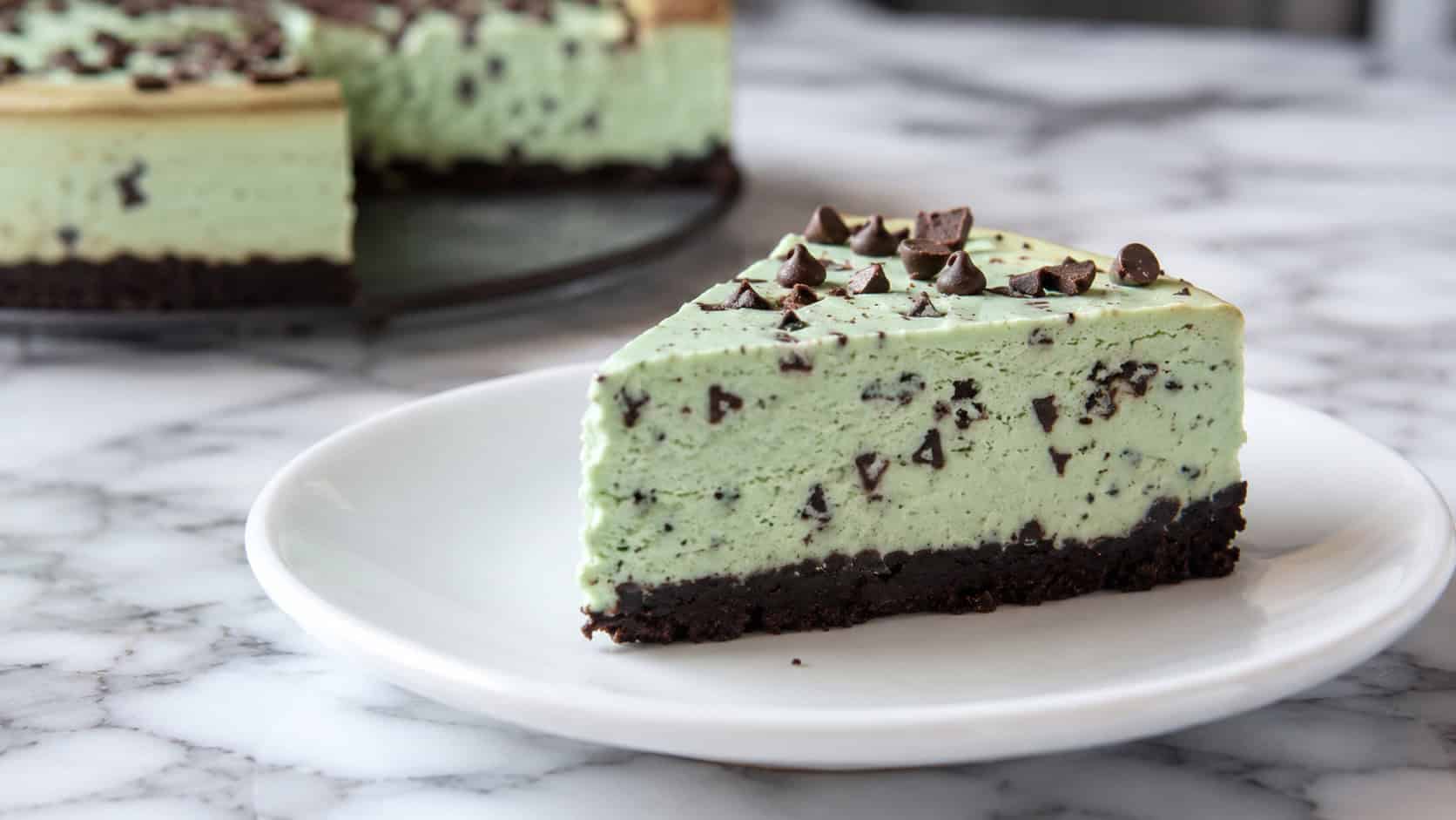 a mint chocolate chip cheesecake in a wide horizontal shot, pale green slice flecked with chocolate chips on a dark cookie crust, on a white plate, on a marble counter, natural light, shallow depth of field, landscape orientation