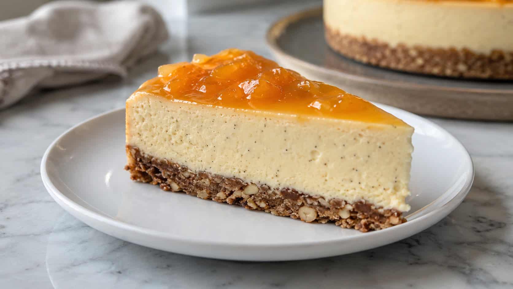 a vanilla bean apricot cheesecake in a wide horizontal shot, creamy speckled slice with a glossy golden apricot topping on a nut crust, on a white plate, on a marble counter, natural light, shallow depth of field, landscape orientation