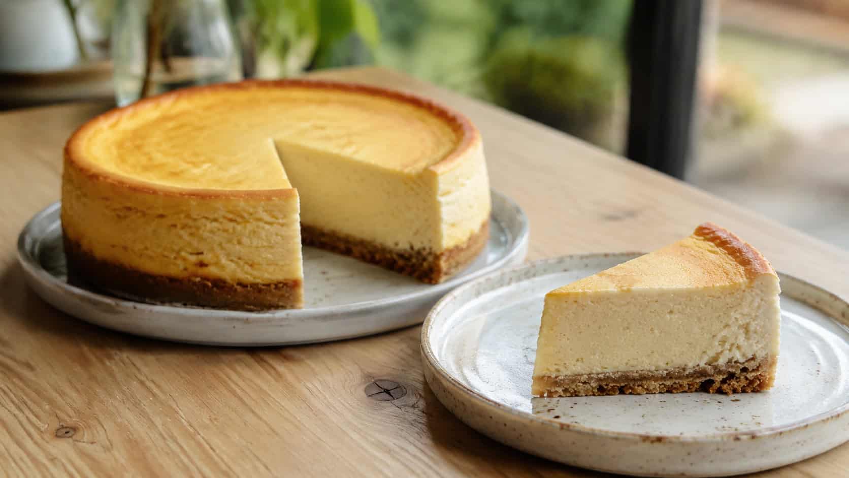 a baked tofu cheesecake in a wide horizontal shot, pale golden slice with a graham crust, on a ceramic plate beside the whole cake, on a light wooden table, natural light, shallow depth of field, landscape orientation