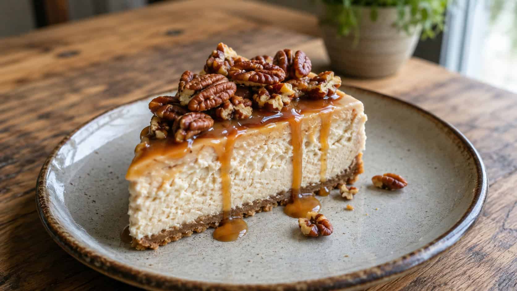 a maple pecan cheesecake in a wide horizontal shot, creamy slice topped with caramelized pecans and a maple drizzle, on a rustic plate, on a wooden table, natural light, shallow depth of field, landscape orientation